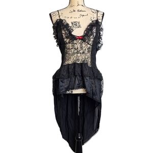 Vintage Traffic Jam Black Lace High-Low Babydoll Chemise – Red Bow Detail sz L